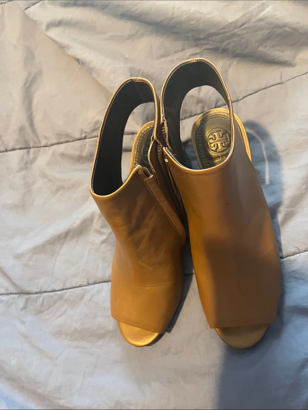 Tory Burch Cognac Brown Leather Peep-Toe Slingback Mules